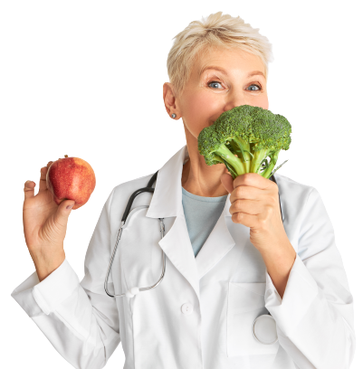 Ärztin mit Apfel und Brokkoli gesunde Ernährung