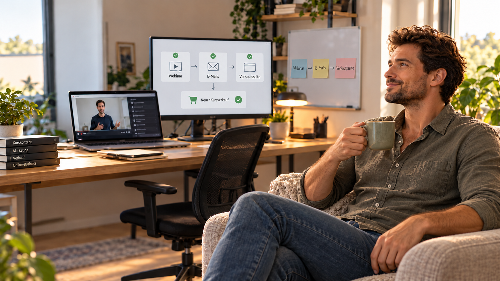 Entspannter Mann mit Kaffee vor einem Bildschirm, auf dem Webinar, E-Mails und Verkaufsseite automatisch zusammenarbeiten