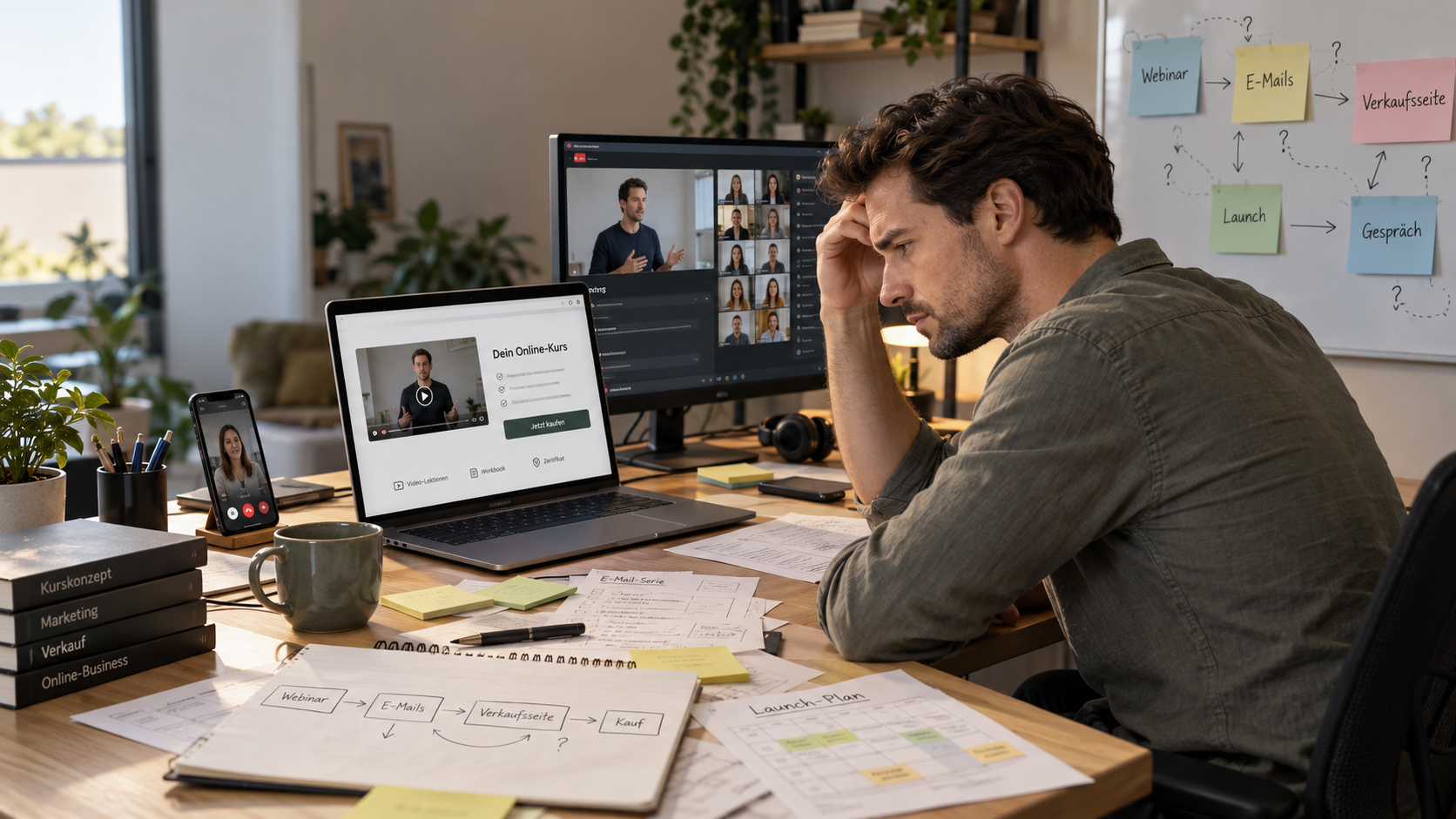 Nachdenklicher Mann am Schreibtisch mit Notizen zu Webinar, E-Mails und Verkaufsseite