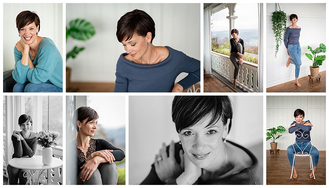 Verschiedene Facetten einer Frau und Mutter mit kurzen Haaren bei einem Fotoshooting für mehr Selbstakzeptanz