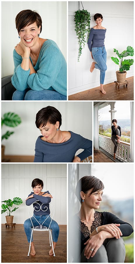 Collage einer lebensfrohen Frau und Mutter mit kurzen dunklen Haaren in verschiedenen Posen: strahlendes Lächeln im Sitzen, kraftvolles Stehen und inspirierter Blick in die Ferne, gekleidet in casual Outfits, die ihre sanfte Persönlichkeit und Weiblichkeit unterstreichen.