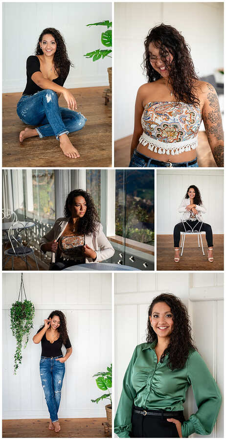 Porträt-Collage einer Frau mit langen dunklen Locken mit einem strahlenden Lächeln, gekleidet in einem eleganten weißen Blazer, blauen Jeans und gemustertem Oberteil, zeigt ihre ausdrucksstarke Persönlichkeit und ihre lebensfrohe und positive Energie vor der Kamera.