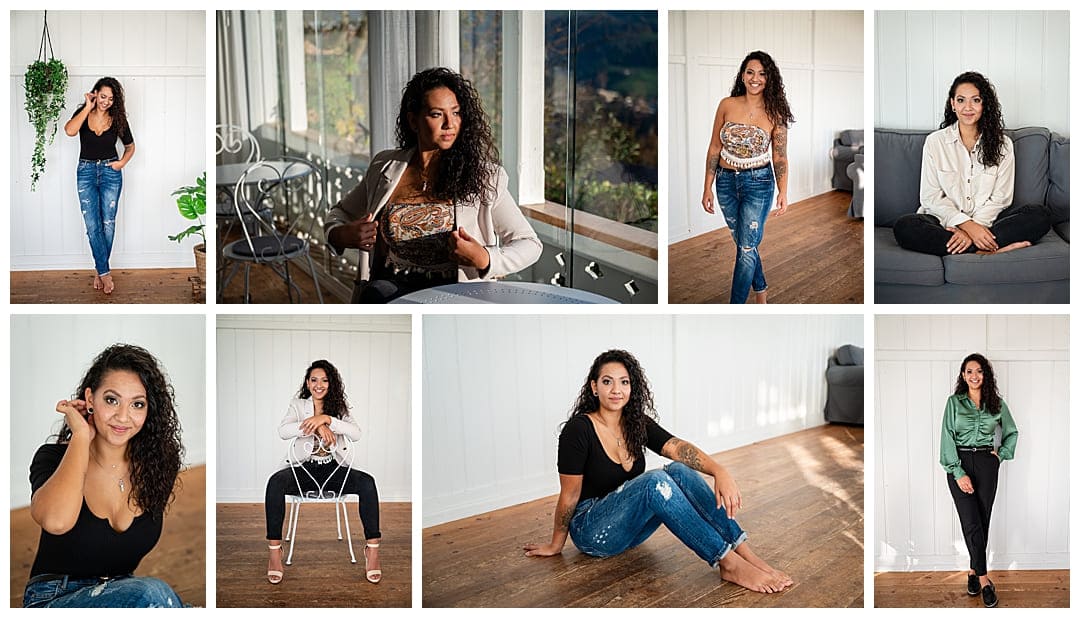 Ausdrucksstarke Frau und Mutter mit langen lockigen Haaren bei einem Fotoshooting für mehr Selbstakzeptanz