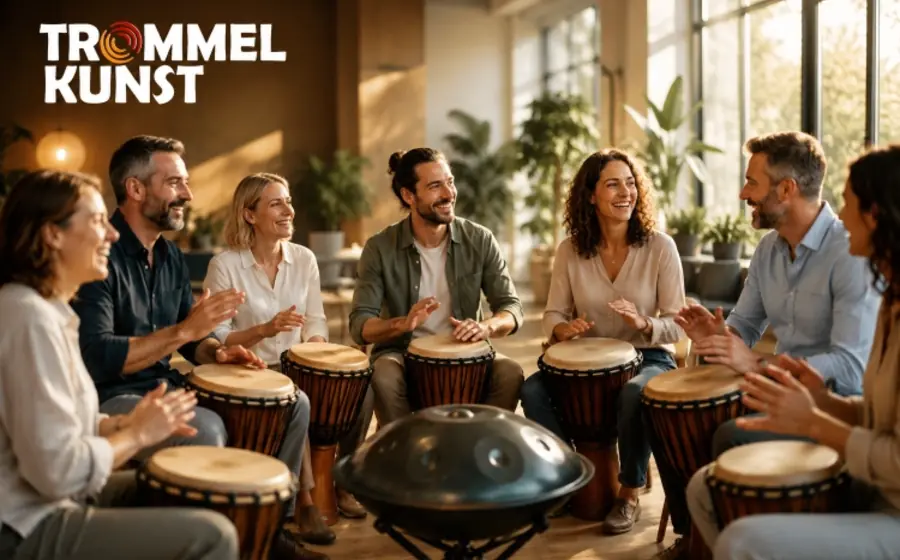 Kleine Gruppe bei einem ruhigen Trommelkunst Klang-Workshop mit Handpan