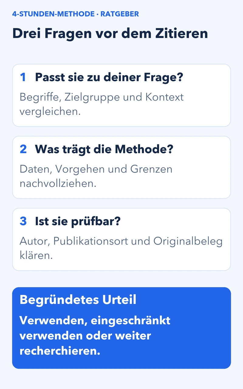 Bewertungshilfe: inhaltliche Passung prüfen; methodische Aussagegrenzen nachvollziehen; Herkunft und Originalbeleg klären. Daraus begründet verwenden, eingeschränkt verwenden oder weiter recherchieren, ohne Punktzahl.
