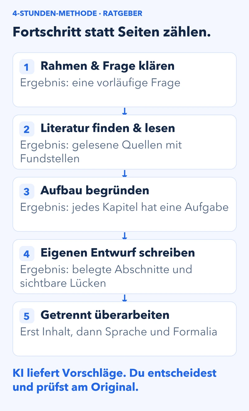 Fünf Arbeitsschritte mit sichtbarem Ergebnis: Frage klären, Quellen lesen, Aufbau begründen, eigenen belegten Entwurf schreiben und Inhalt vor Sprache und Formalia überarbeiten.