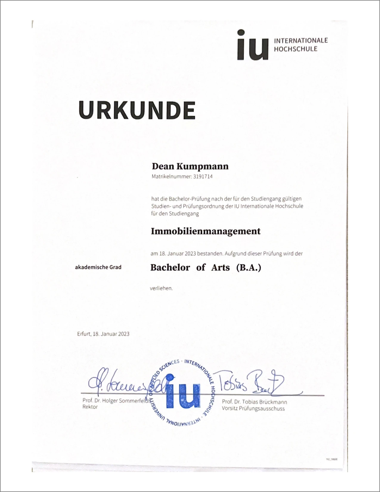 Urkunde Dean Kumpmann
