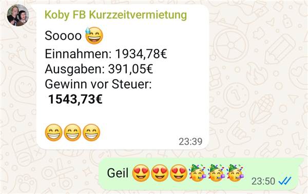 Koby per WhatsApp: 1.543,73 Euro Gewinn vor Steuer