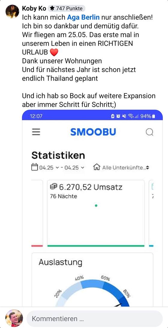 Koby: das erste Mal ein richtiger Urlaub dank der Wohnungen, 6.270,52 Euro Umsatz im April