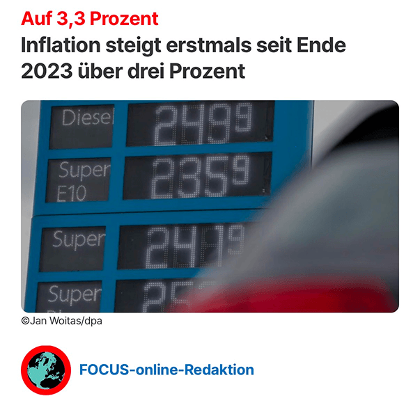 Schlagzeile: Inflation steigt erstmals seit Ende 2023 über drei Prozent