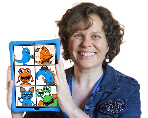 Andrea Rings hält ein iPad hoch, auf dem Comic-Figuren gezeigt werden