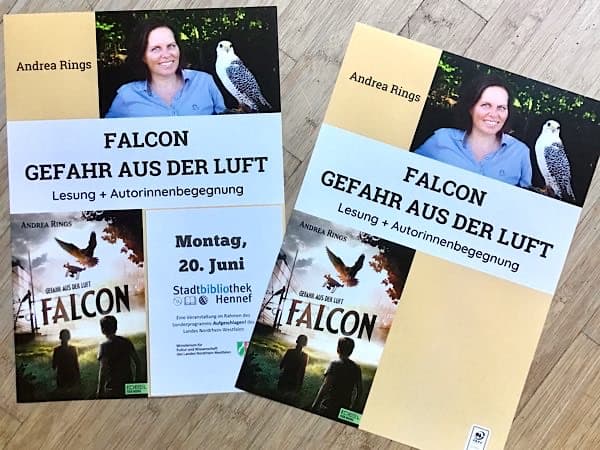 Lesungsplakate zu den Lesungen von FALCON: Gefahr aus der Luft von Andrea Rings