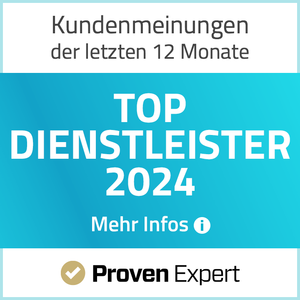 blaues Bewertungssiegel von Proven Expert mit Aufschrift: Top-Dienstleister 2024