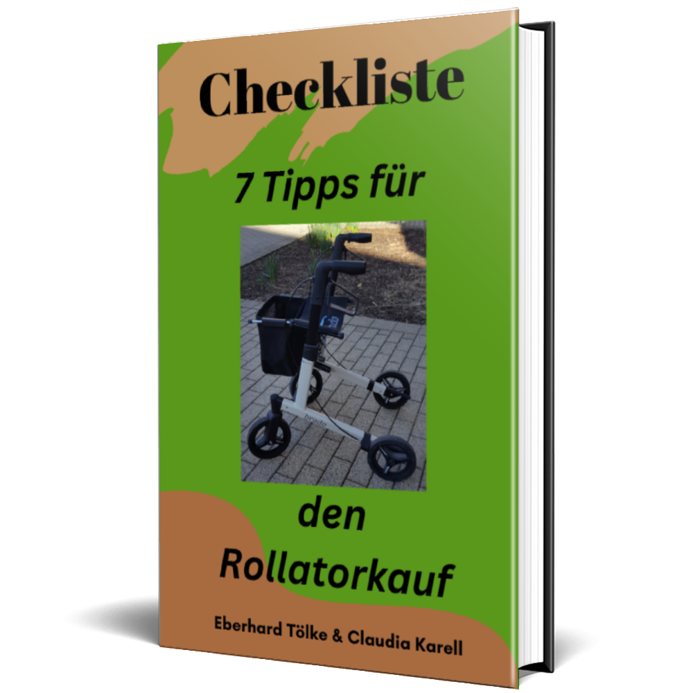 hellgrünes Buchcover mit Bild eines Rollators und der Aufschrift: Checkliste - 7 Tipps für den Rollatorkauf