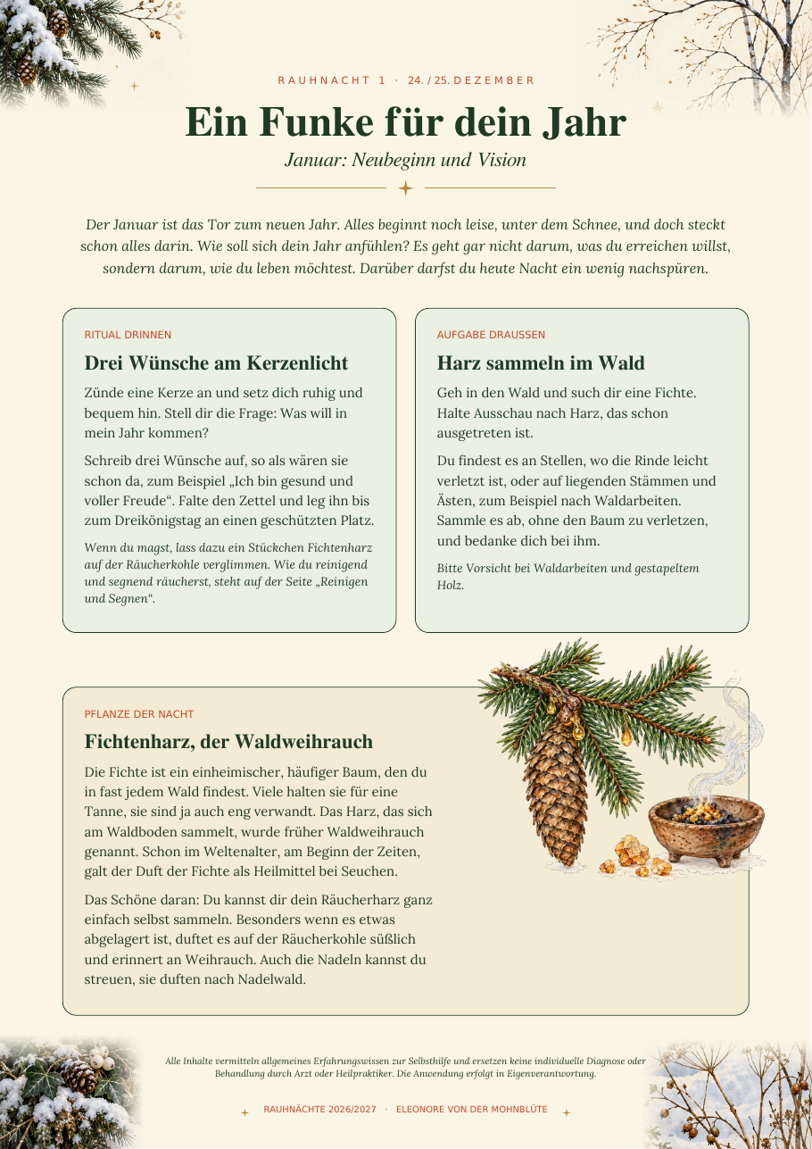 Aufgeschlagenes Tagebuch auf einem Holztisch mit getrockneten Kräutern