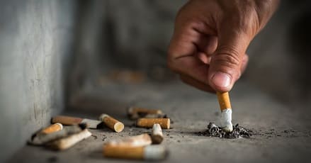 Rauchen aufhören Mann drückt Zigarette aus, um endlich Nichtraucher werden zu können