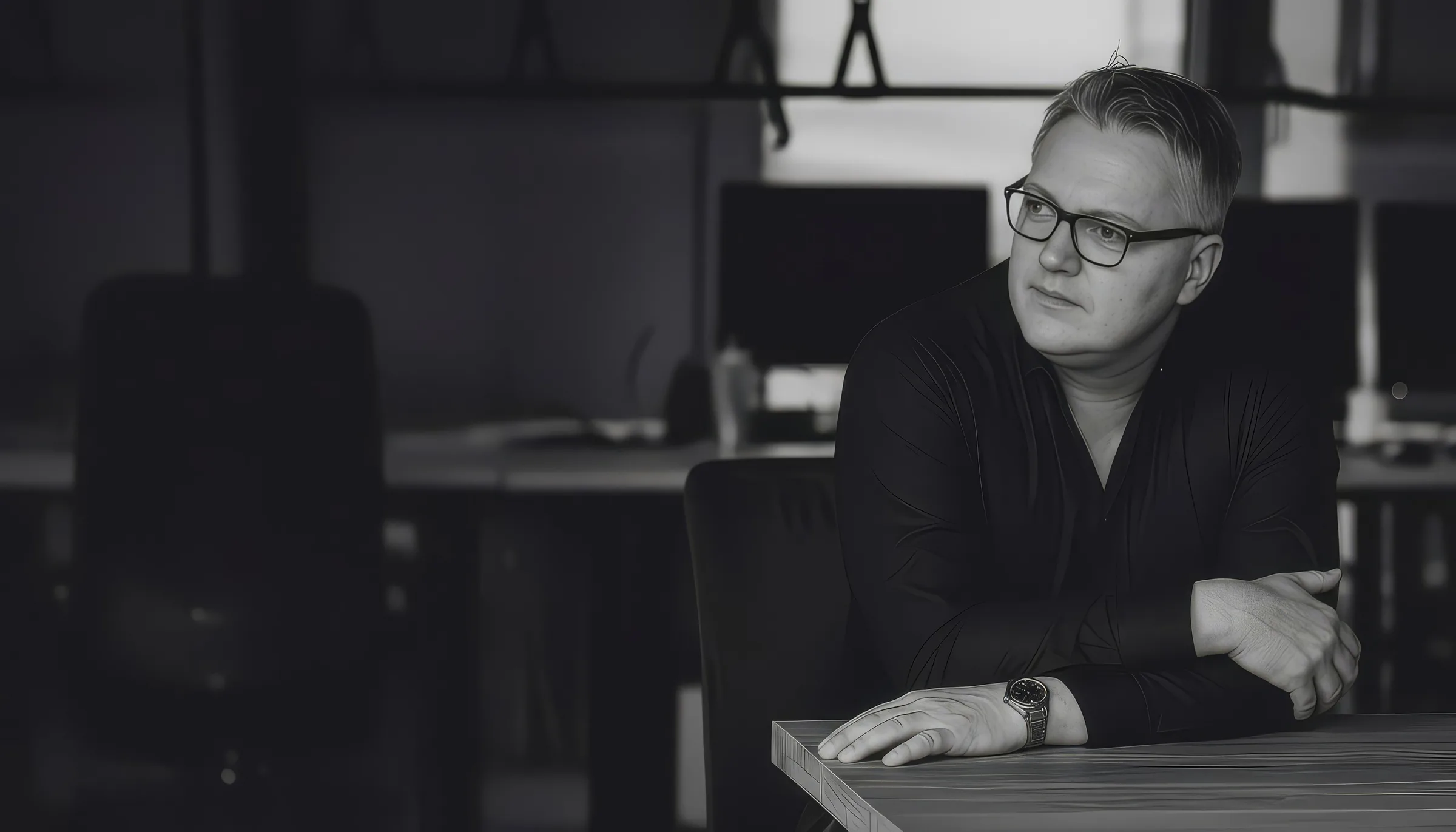 Philipp Lindner alla scrivania, consulente di marketing online per liberi professionisti, foto in bianco e nero
