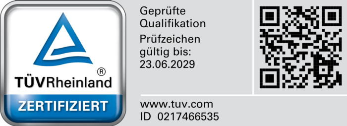 TÜV Rheinland – Geprüfte Qualifikation. Prüfzeichen gültig bis 23.06.2029. ID 0217466535.