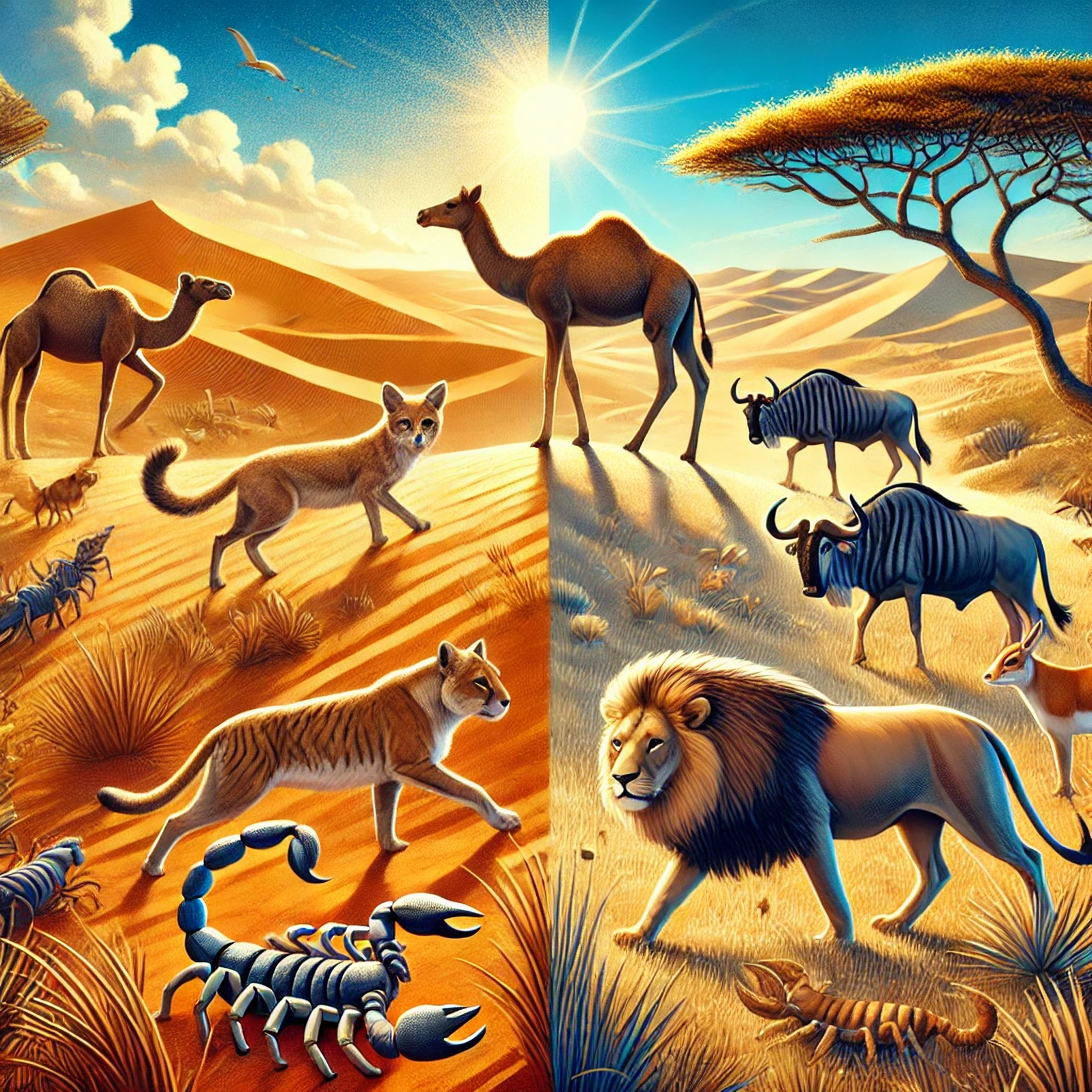 DALL·E 2025-01-01 21.38.18 - A vibrant, colorful digital illustration featuring both desert and savannah animals in their natural environments. The image showcases animals such as.webp