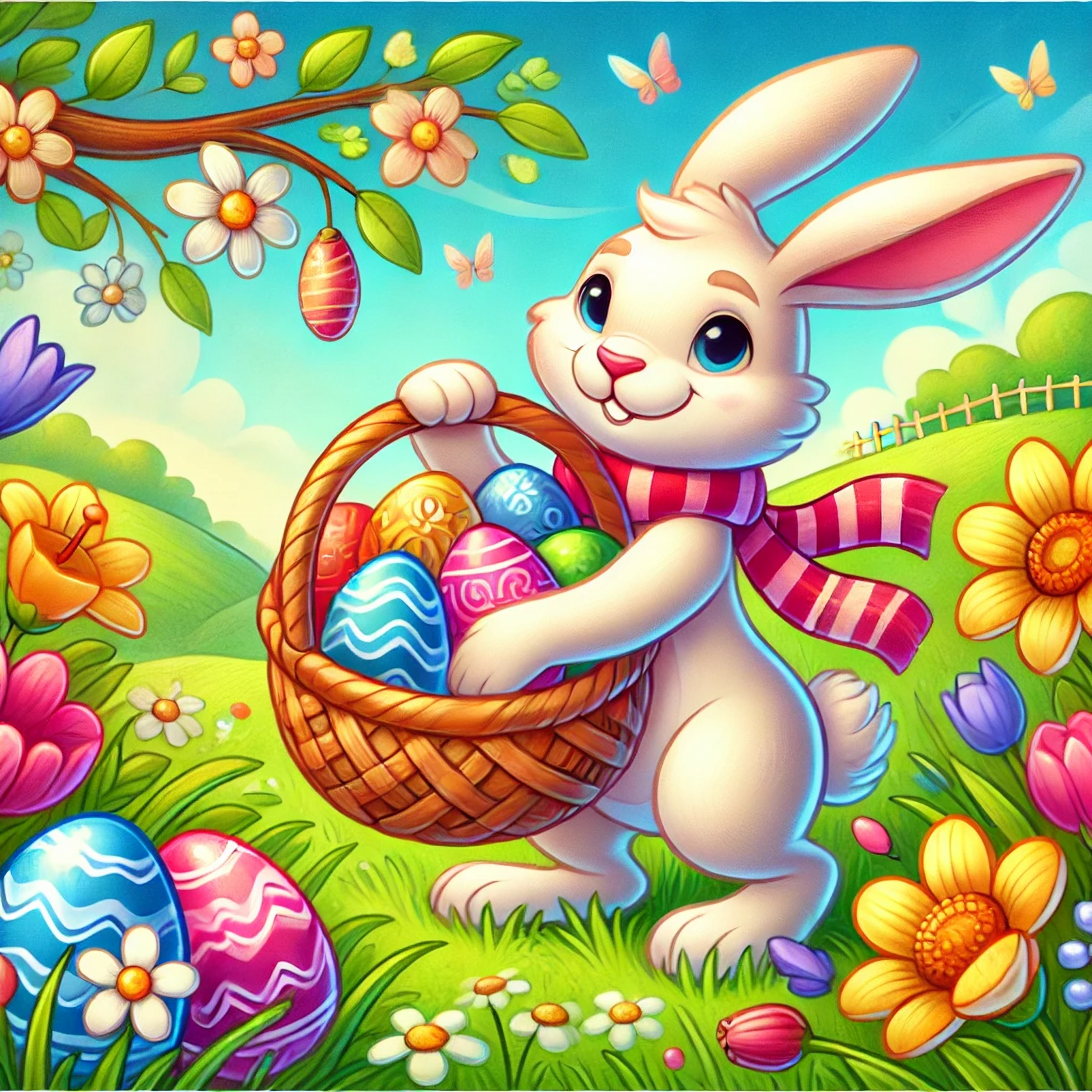 DALL·E 2024-12-25 17.54.21 - A colorful illustration of the Easter Bunny standing in a bright, cheerful spring landscape. The Easter Bunny holds a basket full of decorated Easter .webp