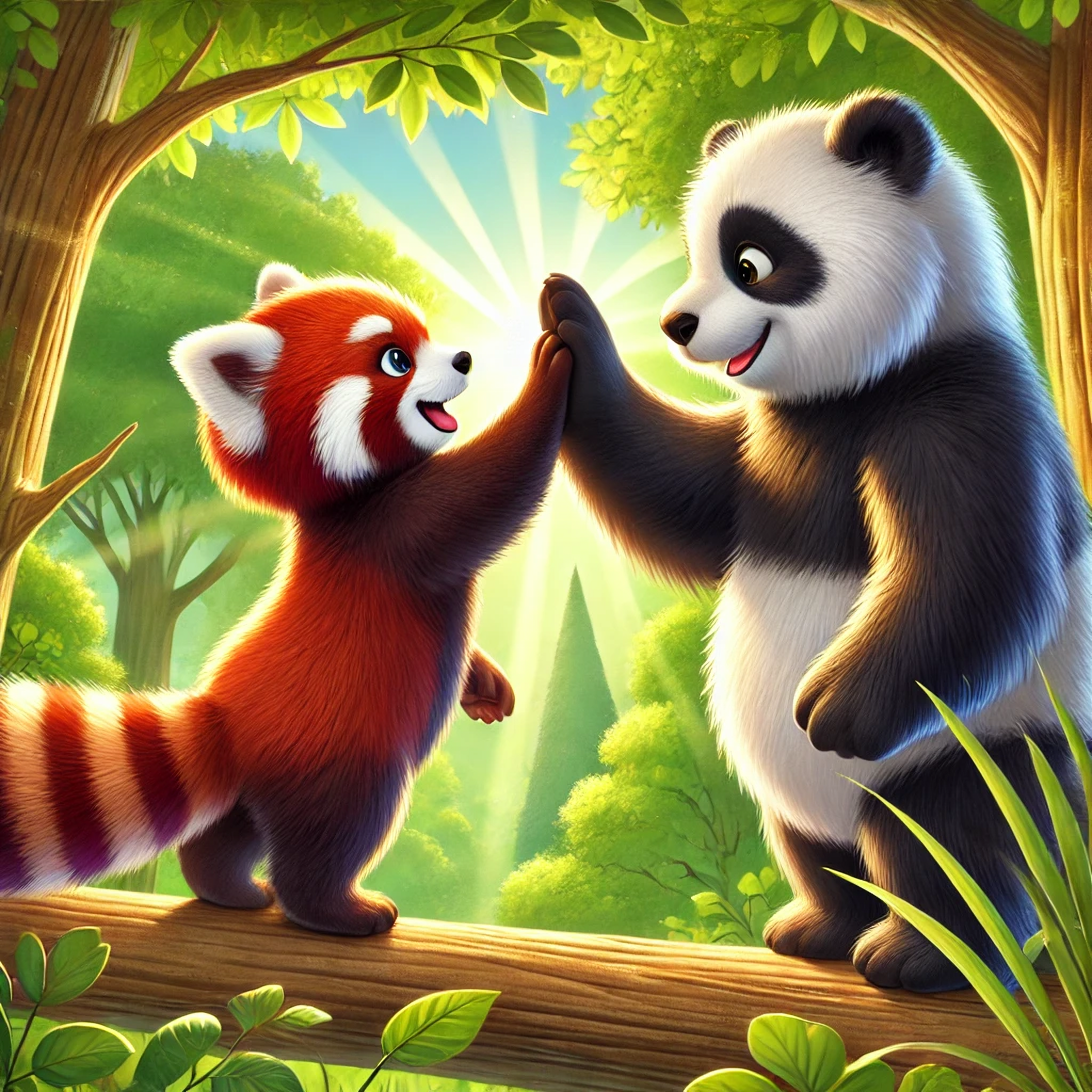 DALL·E 2025-01-18 21.16.44 - A red panda and a giant panda giving each other a high-five in a lush, green forest setting. The red panda is smaller, with its reddish fur and stripe.webp