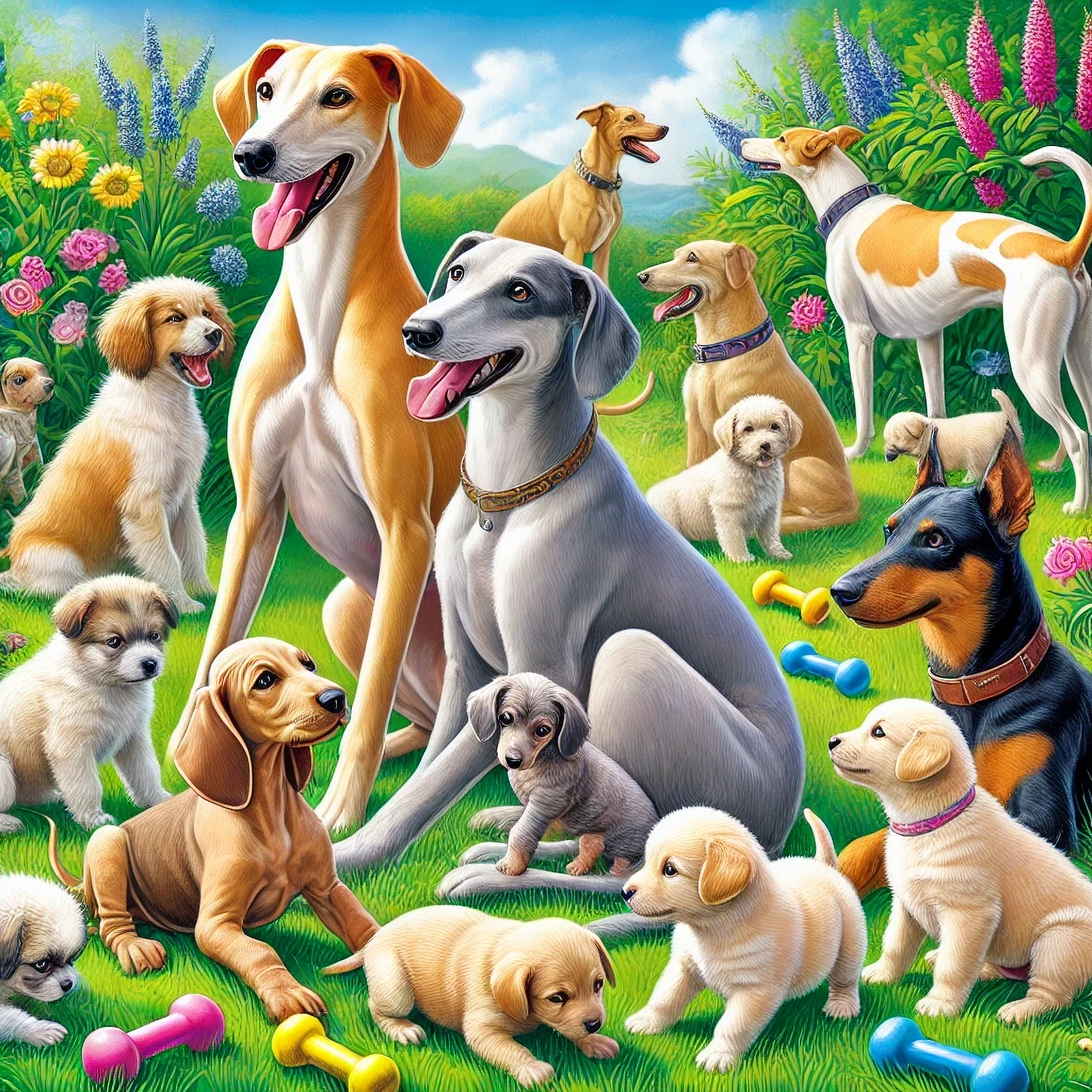 DALL·E 2024-12-21 15.40.05 - A colorful illustration of various dog breeds with their puppies, sitting and playing together in a natural outdoor setting. The scene includes a Whip.webp