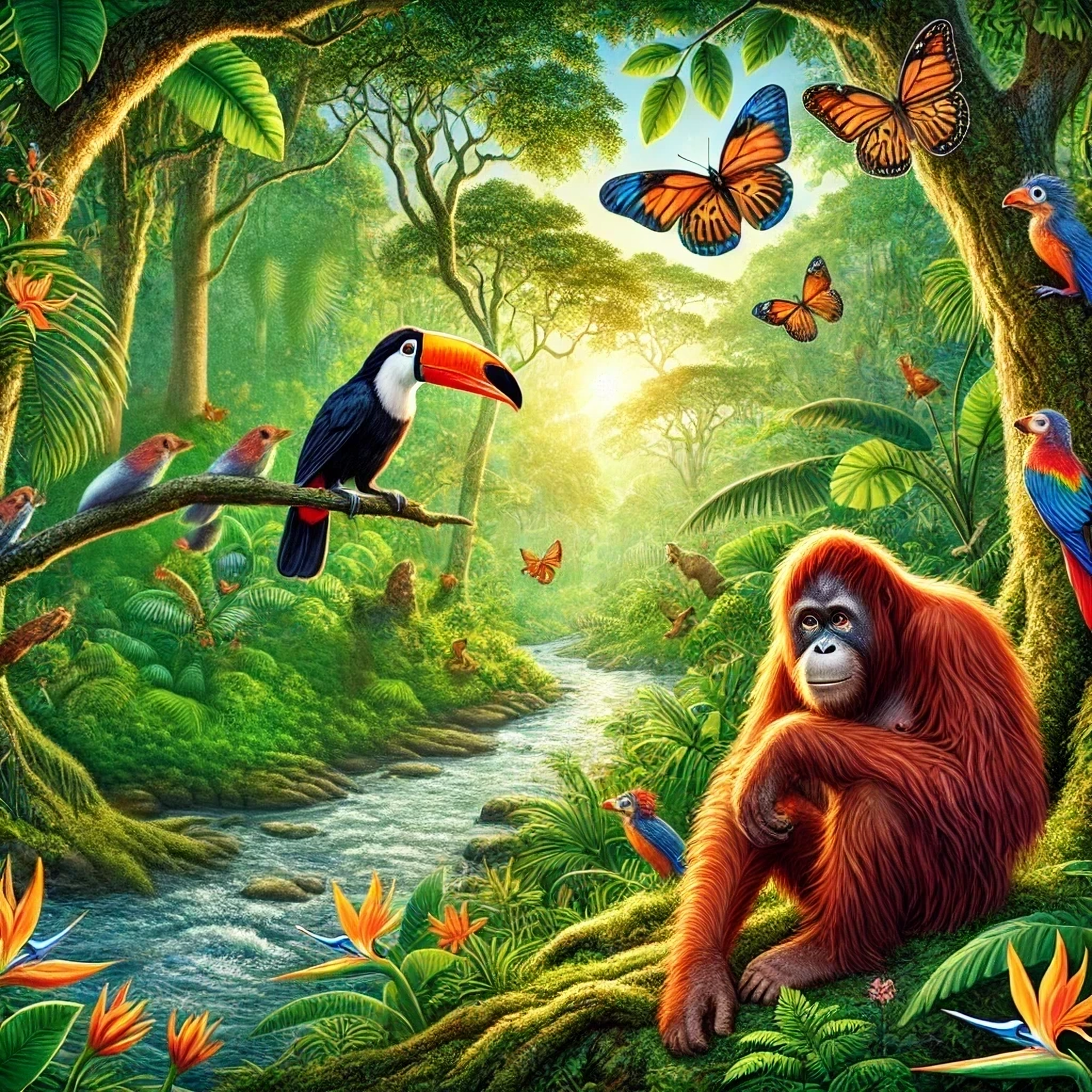 DALL·E 2025-02-09 14.37.25 - A vibrant, full-color illustration of various jungle animals in their natural habitat. The scene features an orangutan sitting in the trees, a toucan .webp