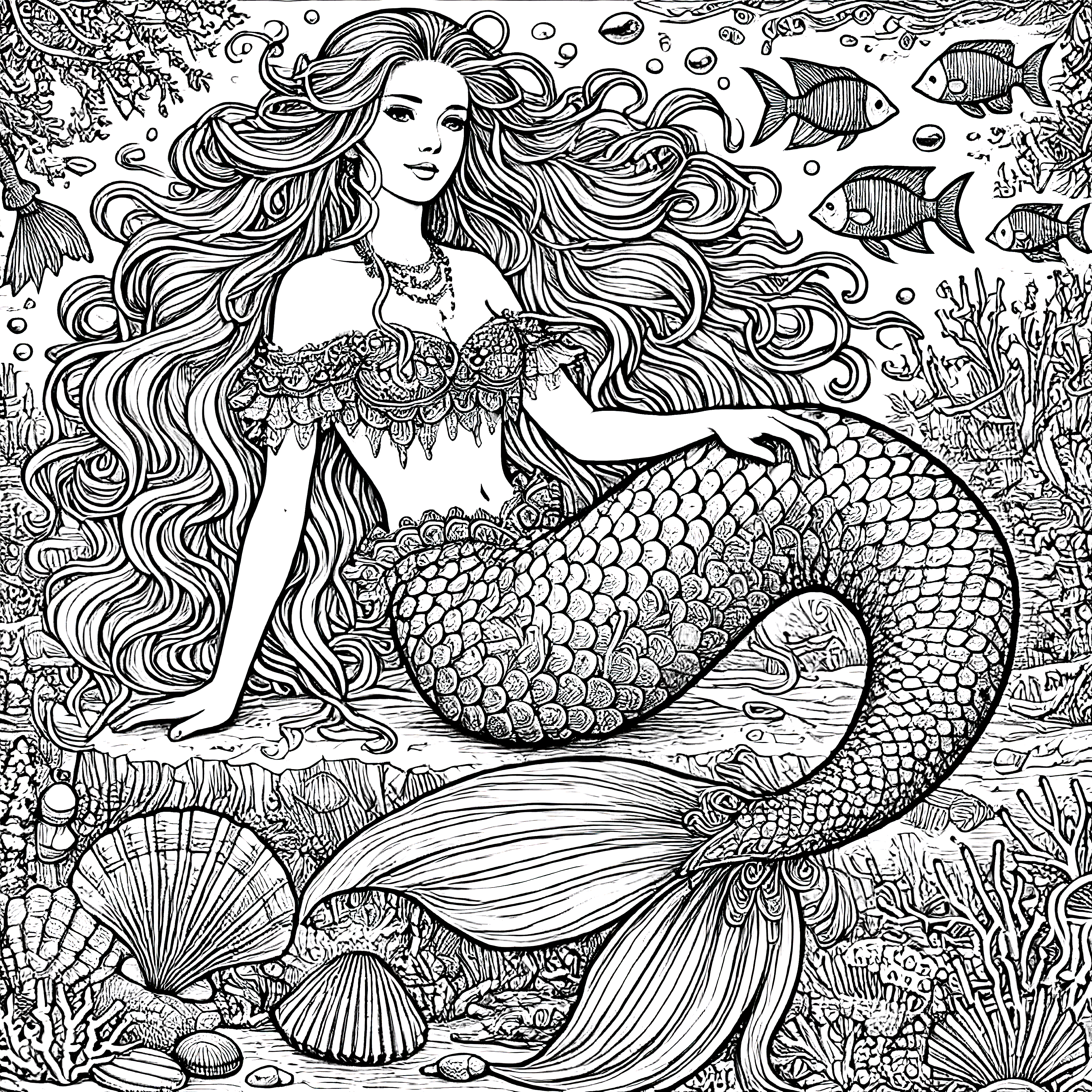 DALL·E 2025-06-09 15.34.00 - A black and white line art coloring page of an elegant, mature mermaid designed for an adult coloring book. The mermaid has a serene and wise expressi.webp