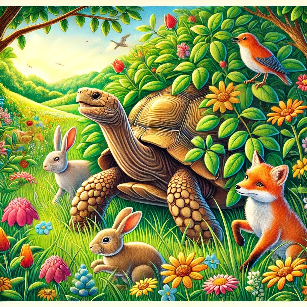 DALL·E 2024-12-22 21.41.59 - A colorful illustration of a tortoise emerging from a bush, surrounded by animal friends. The tortoise is accompanied by a rabbit, a fox, a bird, and .webp