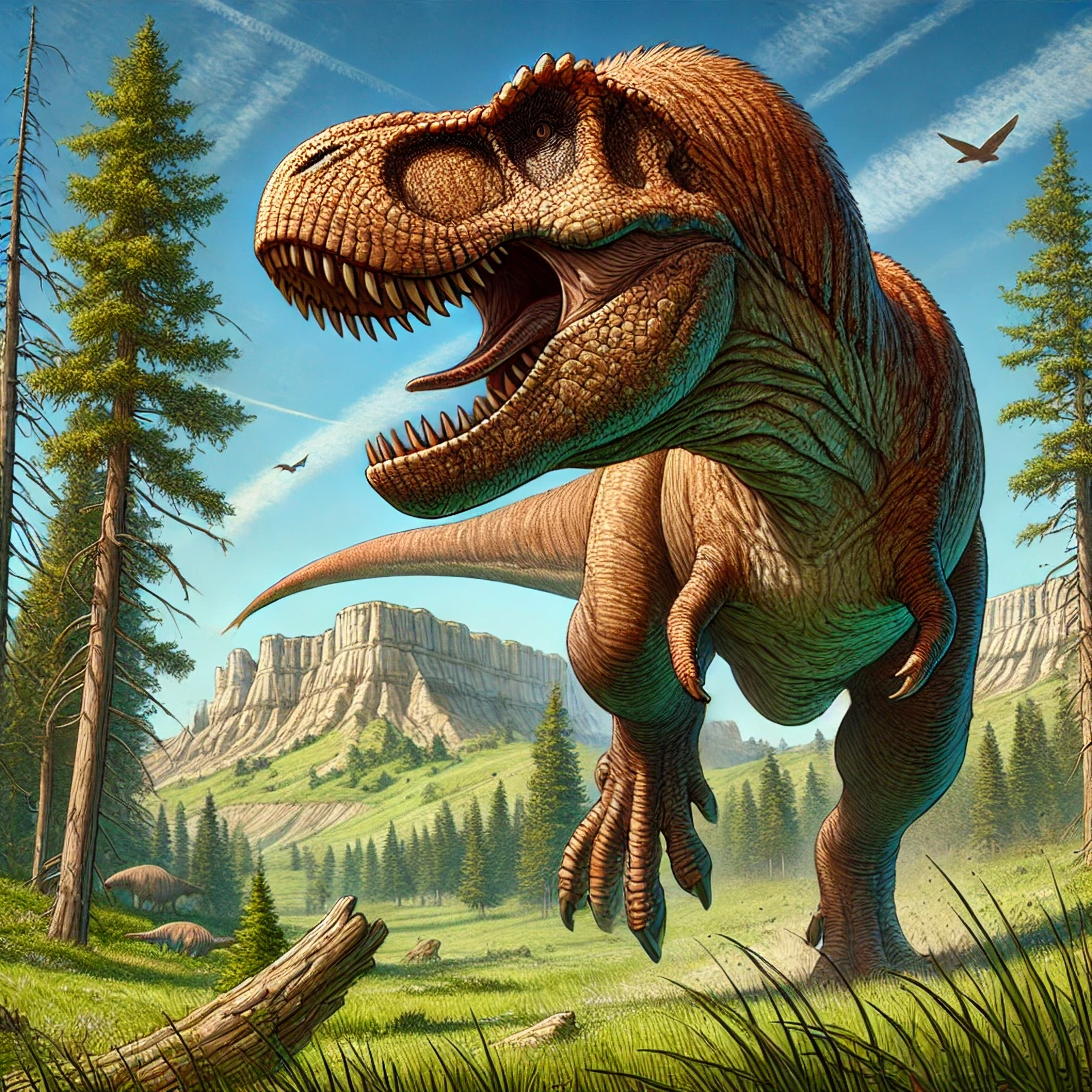 DALL·E 2025-01-26 16.05.05 - Ein farbiges Bild eines T-Rex in natürlichen Farben, der majestätisch durch eine prähistorische Landschaft streift. Der Dinosaurier ist detailliert da.webp