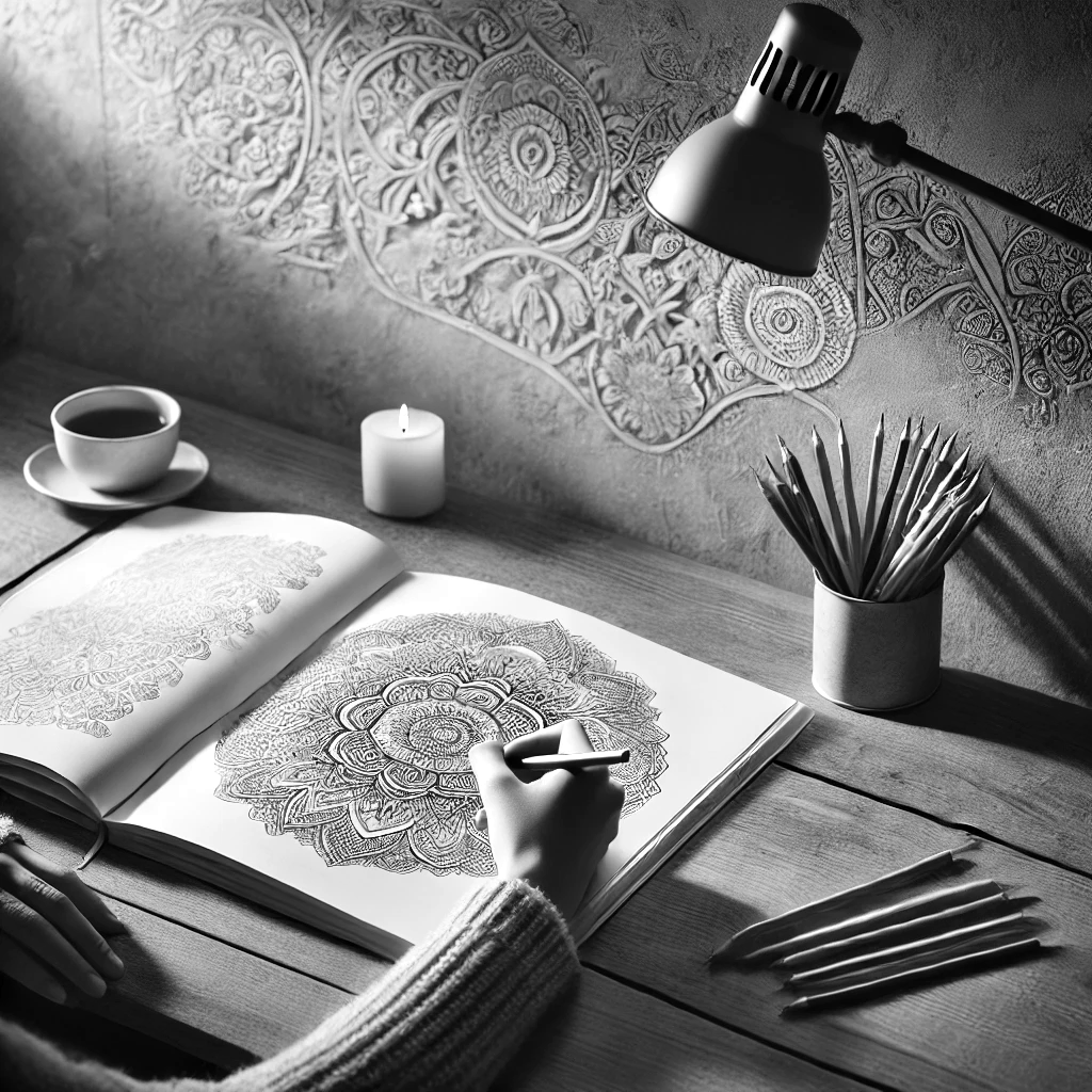DALL·E 2025-04-22 20.43.35 - A square-format image designed to promote coloring books for relaxation and mindfulness, with a calmer and more minimalistic feel. A serene workspace .webp