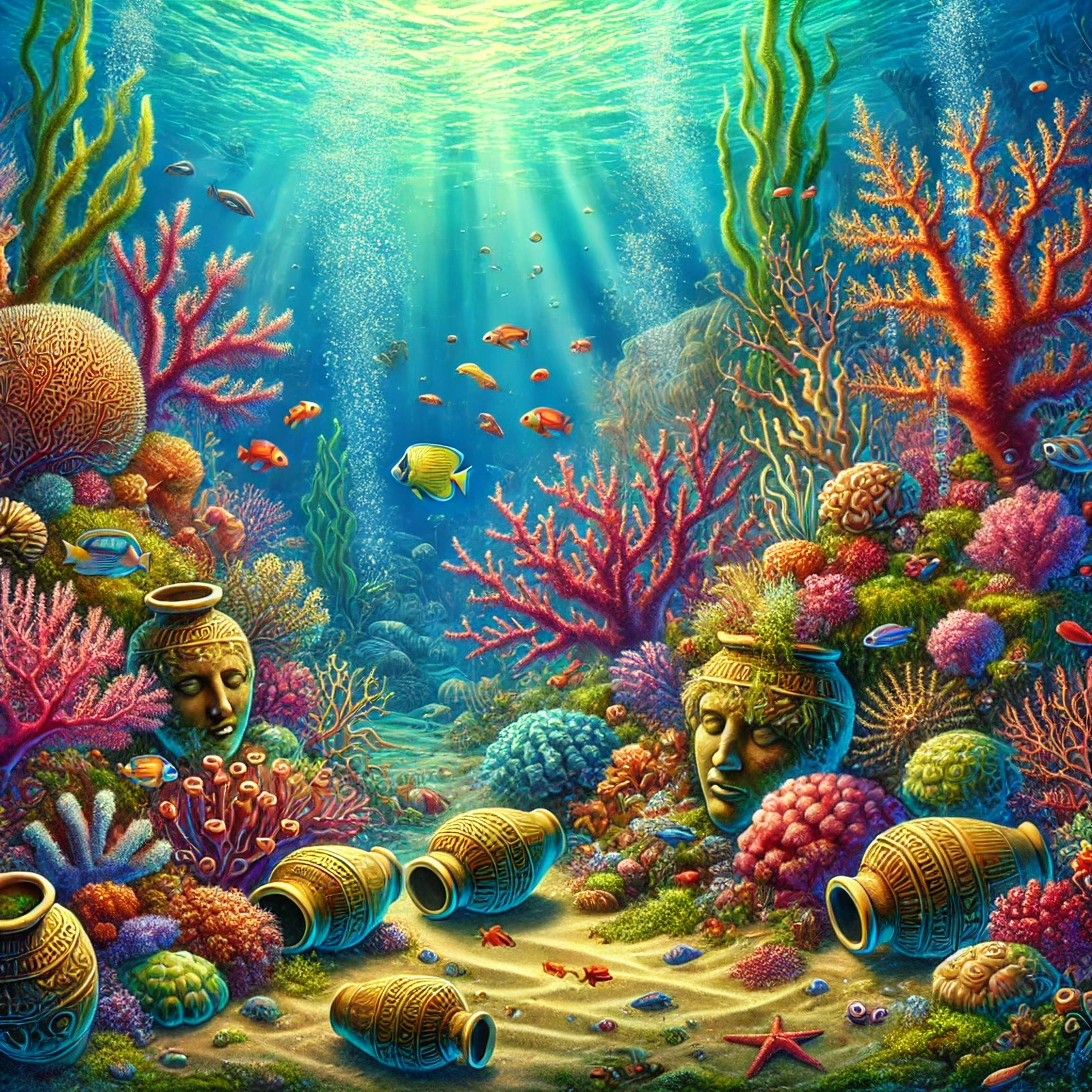 DALL·E 2024-12-19 00.15.25 - A vibrant and colorful underwater scene depicting a coral reef teeming with life. The coral reef is alive with bright hues of orange, pink, and purple.webp