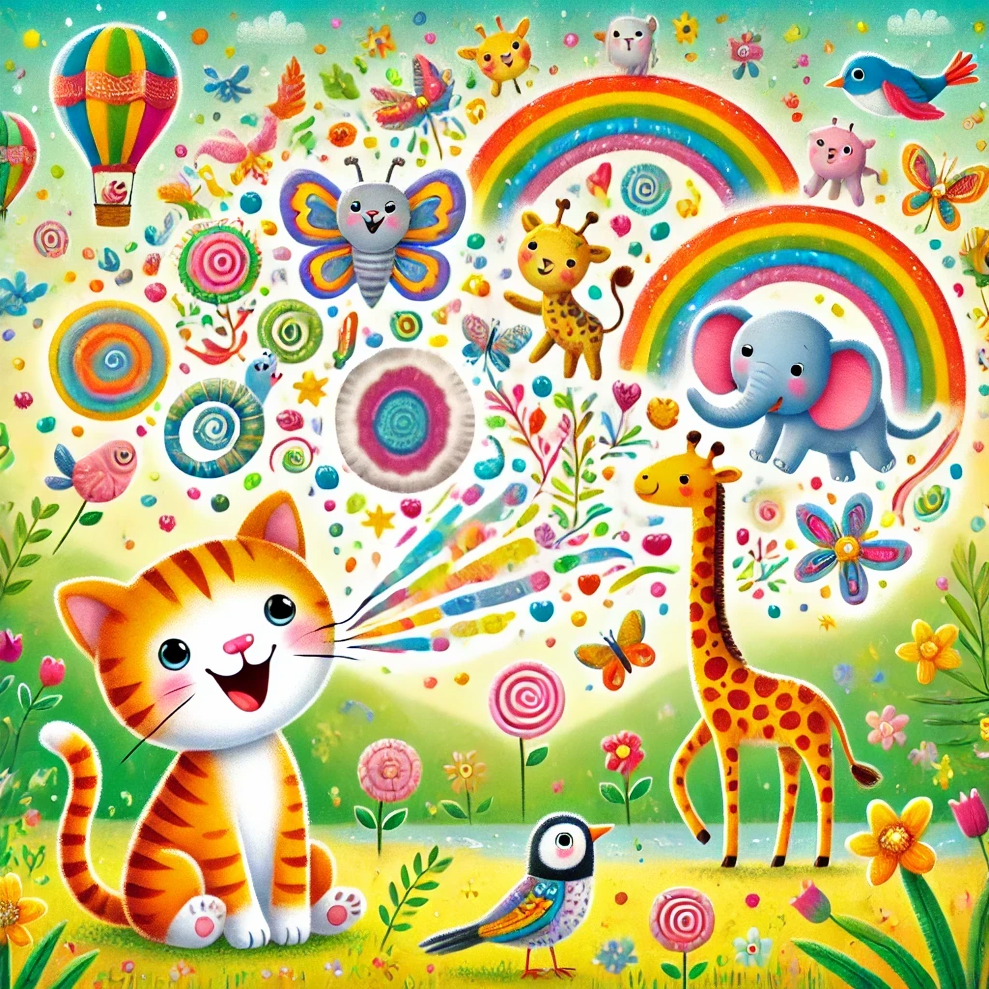 DALL·E 2025-02-02 11.26.10 - Ein buntes, kinderfreundliches Bild, das eine freundliche Katze zeigt, die mit einer kleinen, lächelnden Spinne spricht. Über den beiden schwebt eine .webp