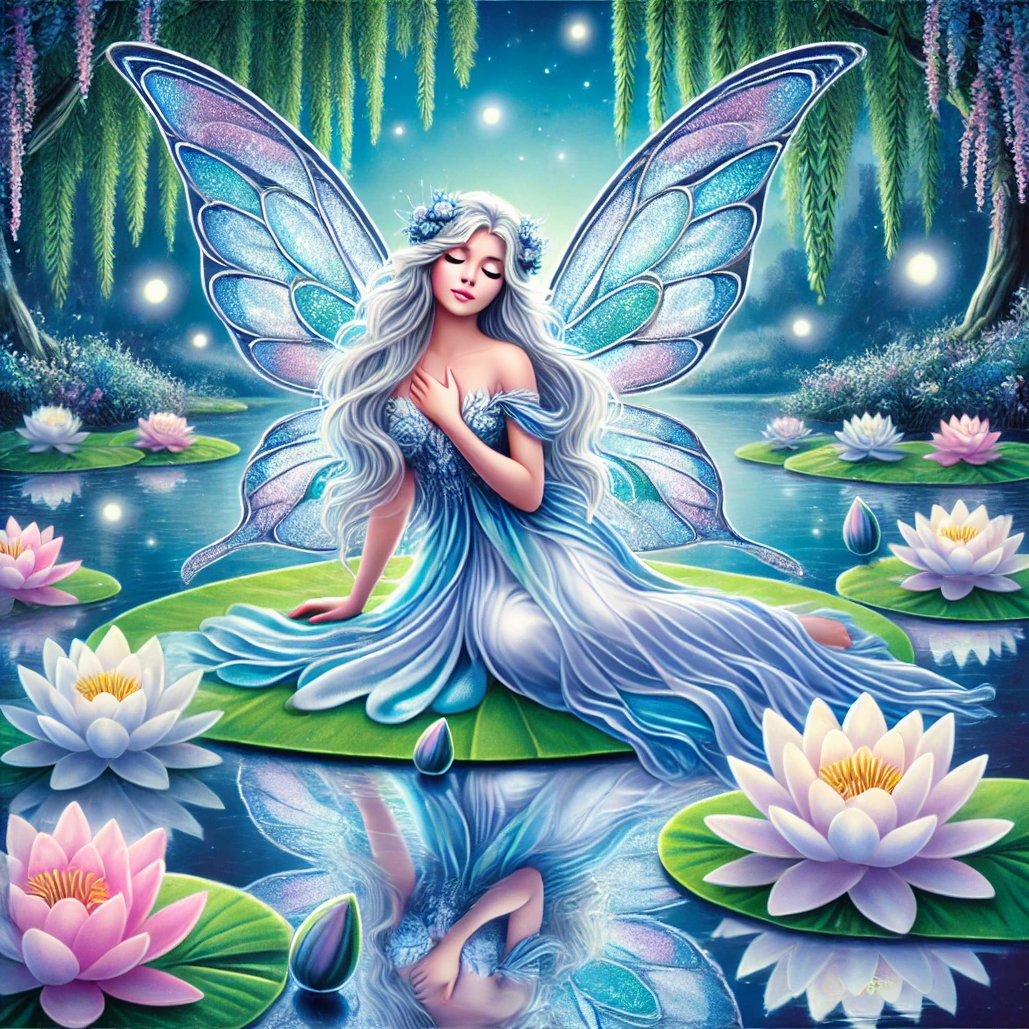 DALL·E 2025-06-07 16.36.38 - A colorful illustration of a graceful adult fairy reclining on a large lily pad in the middle of a serene twilight pond. The fairy has silvery-blue fl.webp