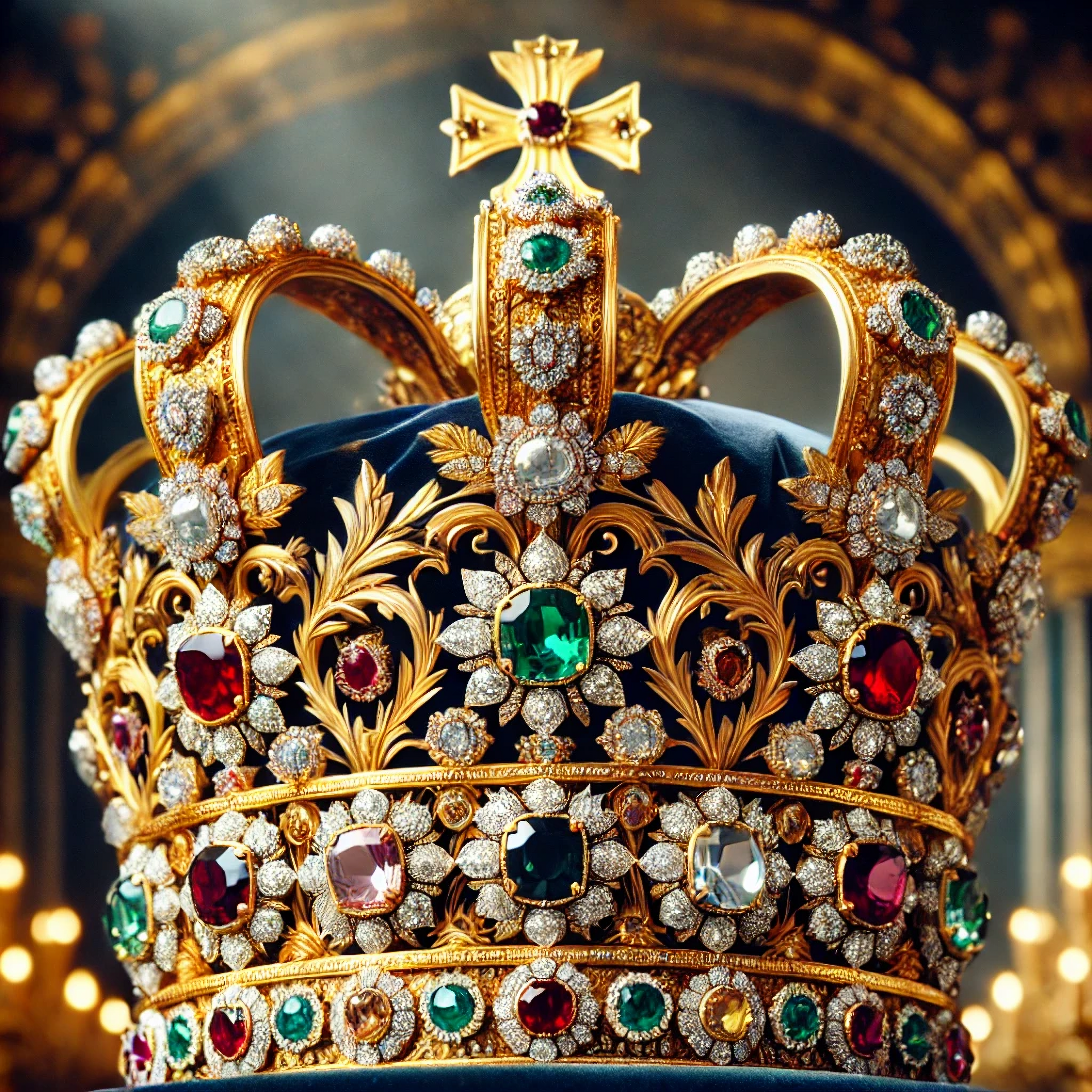 DALL·E 2025-01-19 17.04.34 - Ein detailliertes Fabbild einer königlichen Krone mit goldenen Verzierungen, funkelnden Edelsteinen in verschiedenen Farben (Rubine, Smaragde, Saphire.webp