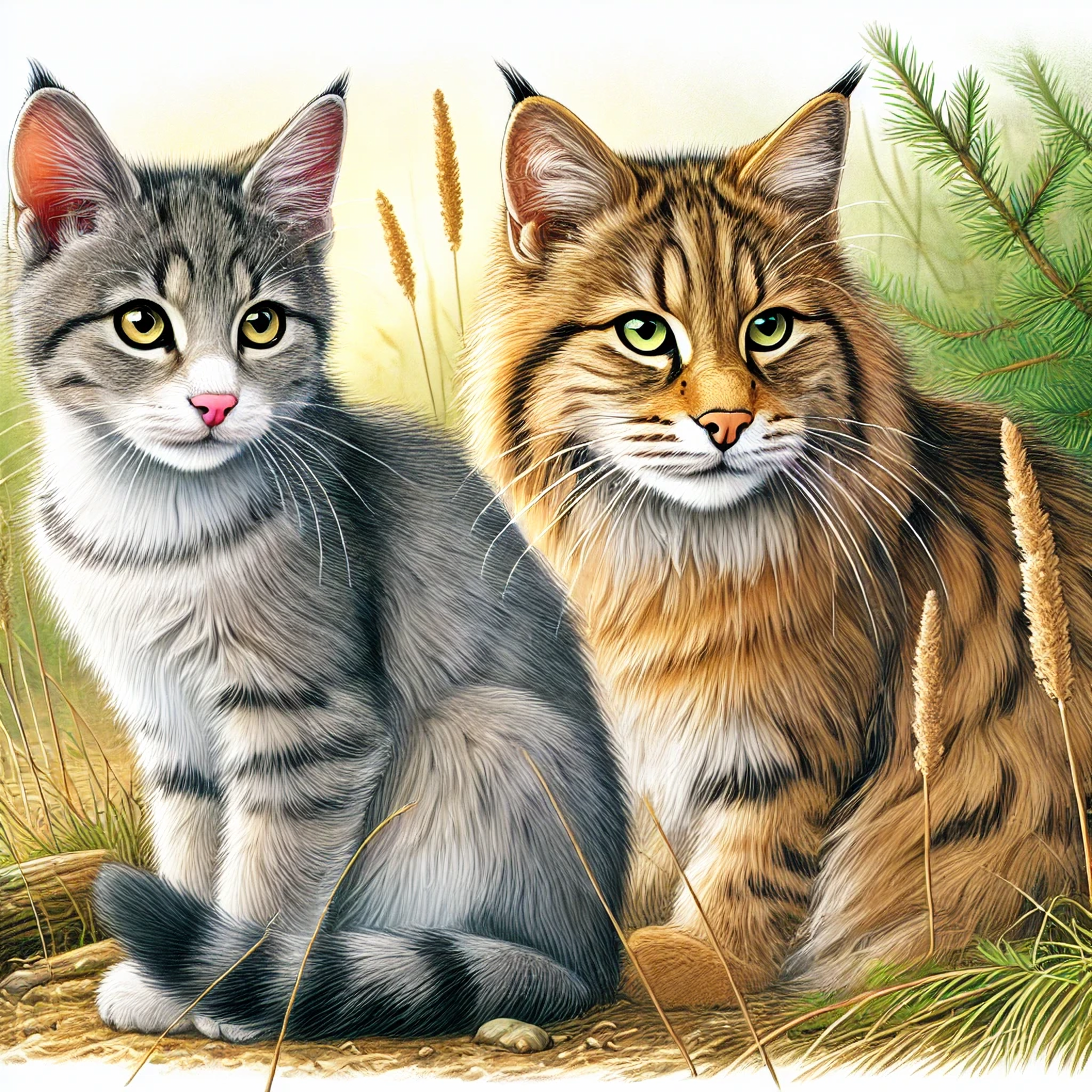 DALL·E 2025-03-09 22.46.44 - Eine realistische Illustration einer Hauskatze und einer Wildkatze in Farbe. Die Hauskatze sitzt neugierig mit weichem, gemustertem Fell und aufmerksa.webp