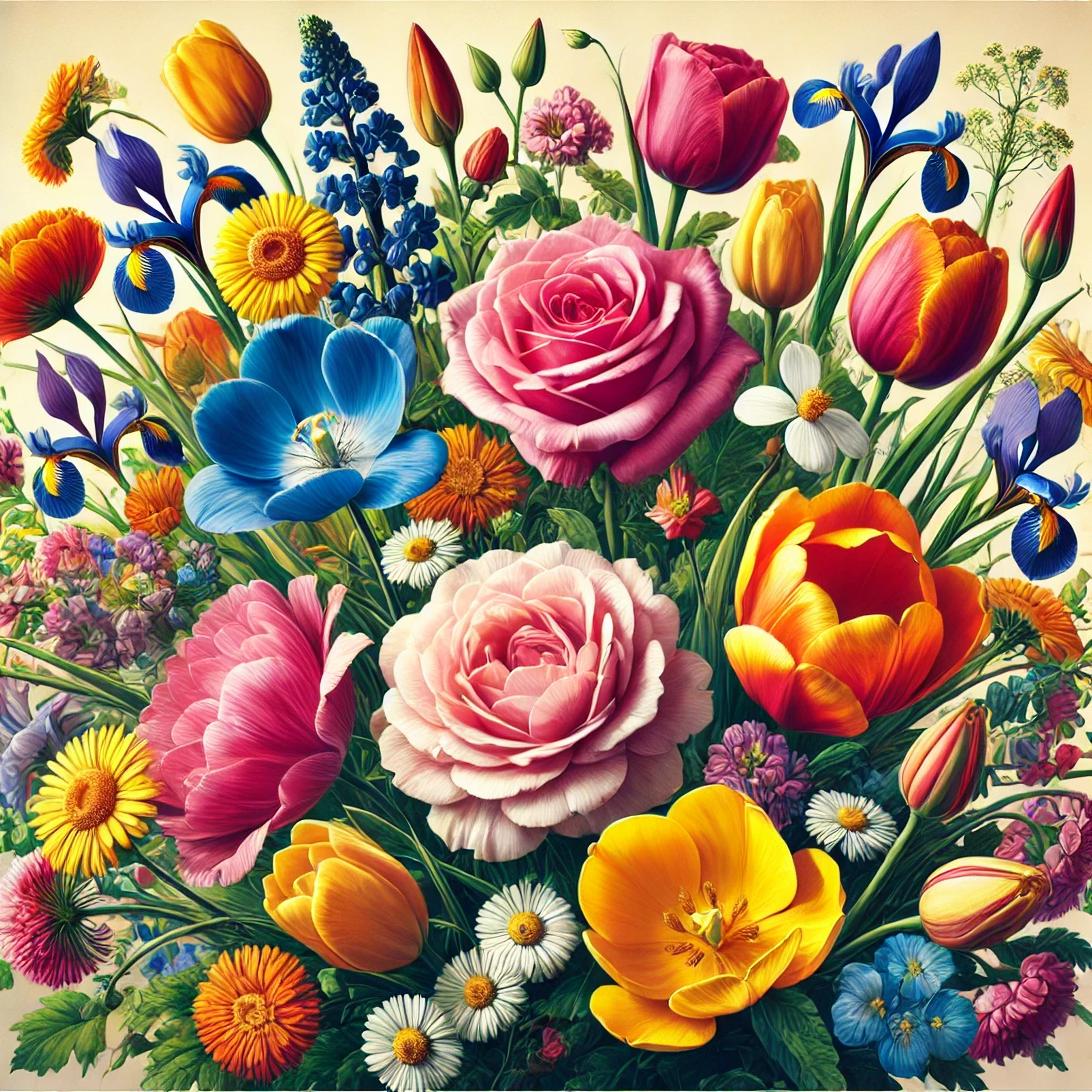 DALL·E 2025-03-07 15.01.53 - Farbenfrohes Bild mit mehreren verschiedenen Blumen. Enthalten sind Rosen, Tulpen, Gänseblümchen und Sonnenblumen in lebhaften Farben wie Rot, Gelb, R.webp
