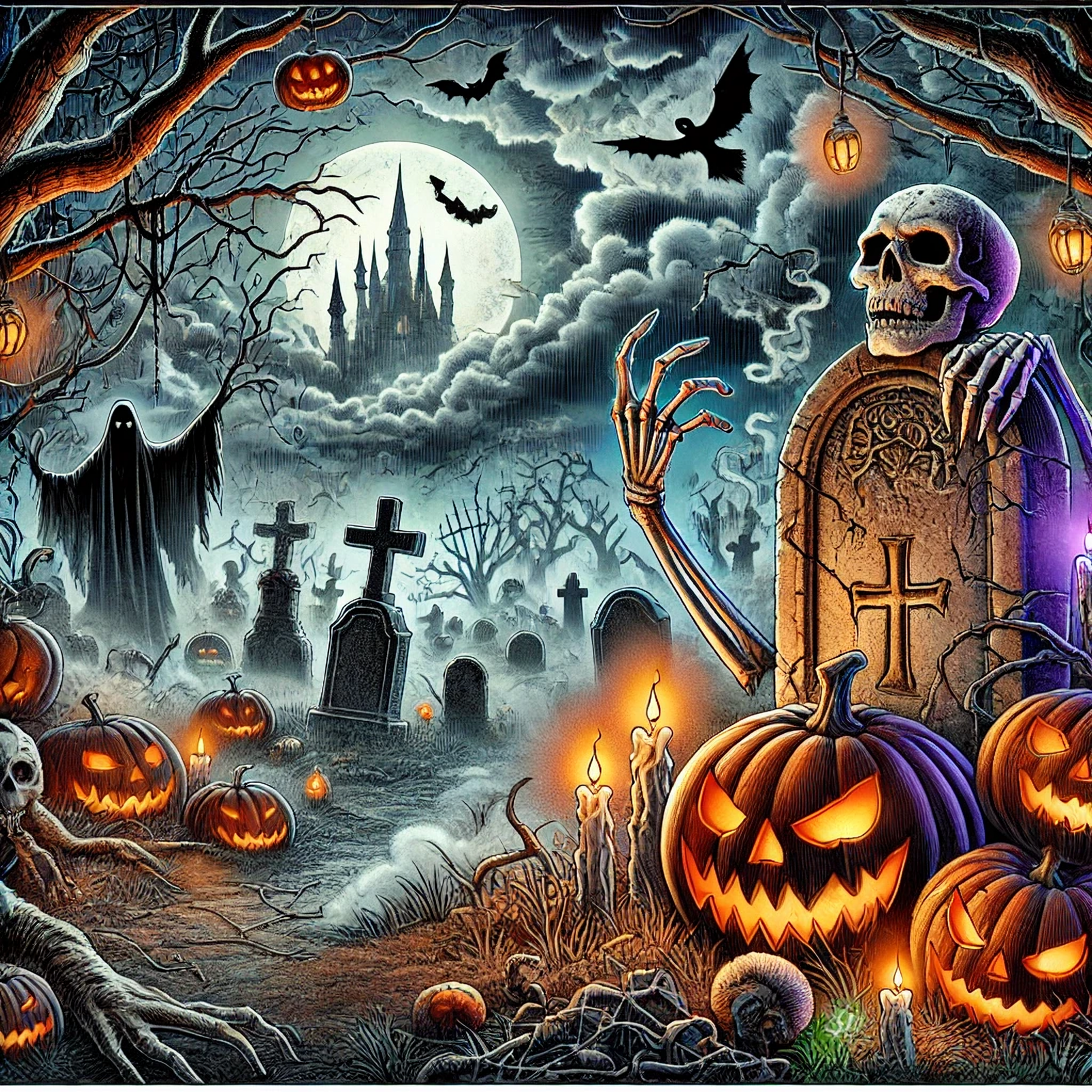 DALL·E 2025-05-26 12.57.19 - A more sinister and richly colored Halloween-themed book cover for a children's coloring book aged 12 and up. The scene is a haunted graveyard at nigh.webp
