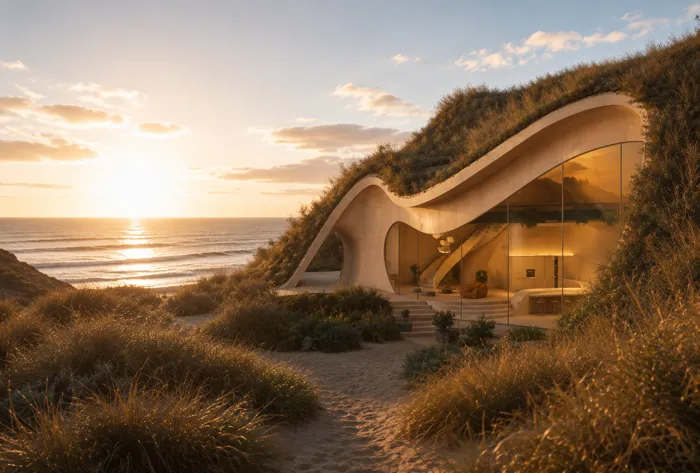 Geschwungenes Haus in den Dünen bei Sonnenuntergang