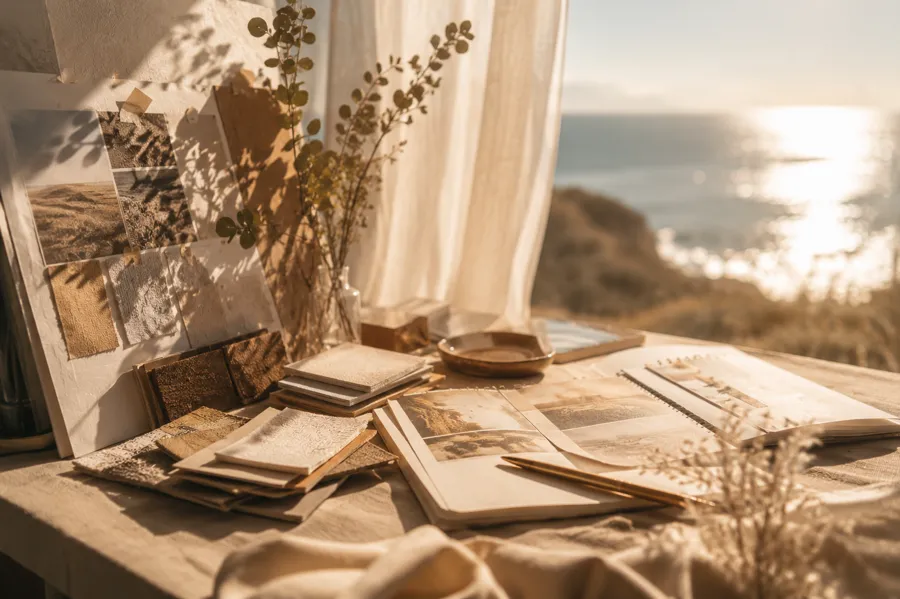 Moodboard mit Fotos und Skizzen auf einem Holztisch