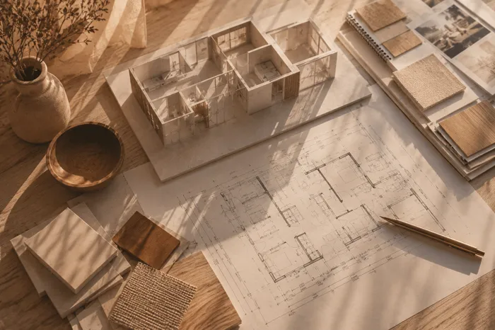 Architekturmodell und Grundriss auf einem Tisch