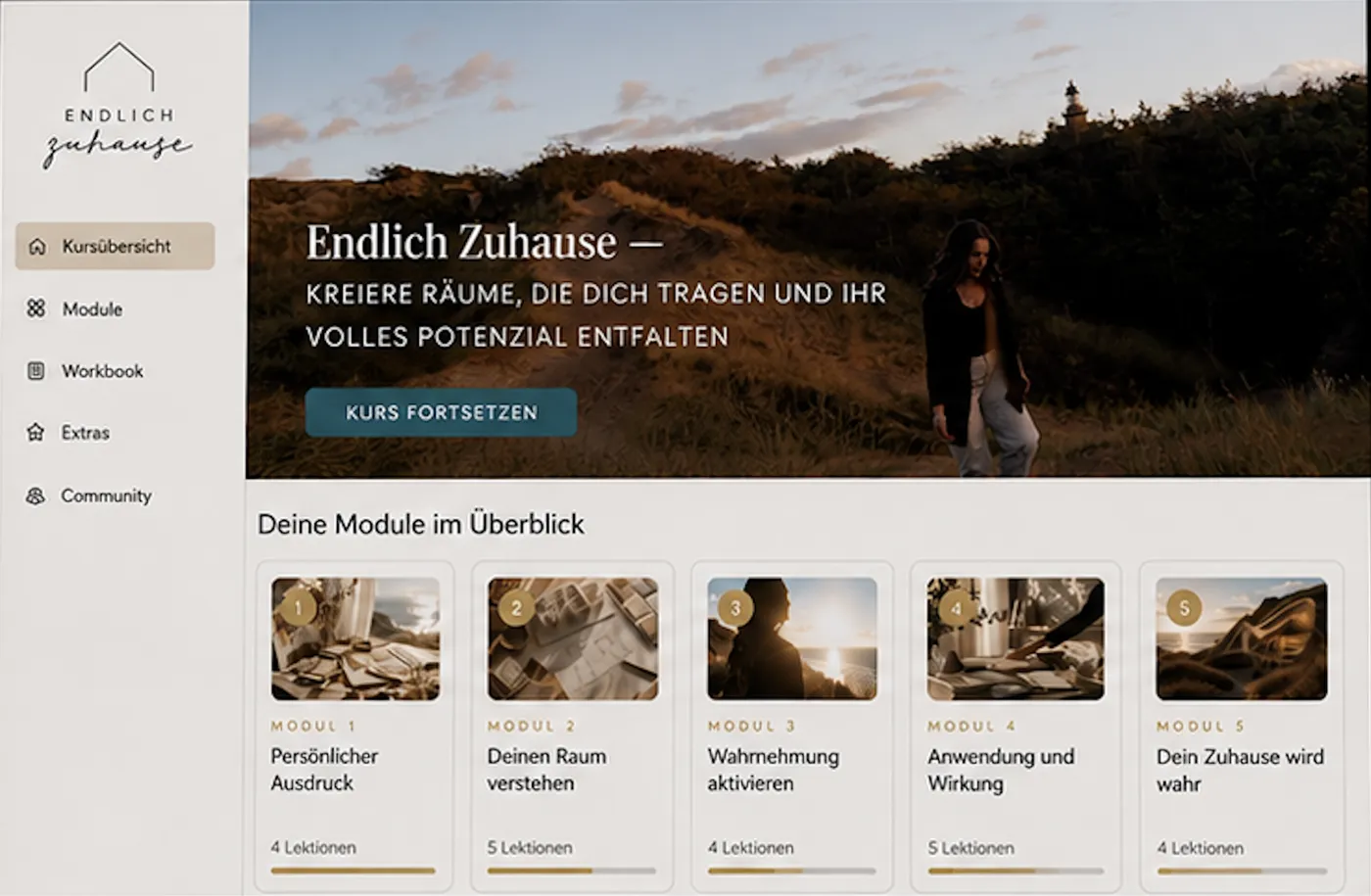 Die Lernplattform von Endlich Zuhause mit allen 5 Modulen