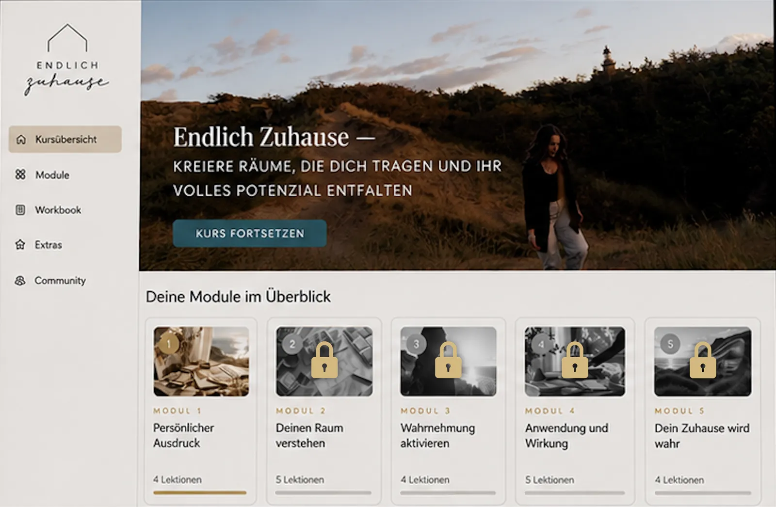 Die Lernplattform von Endlich Zuhause mit der Modulübersicht