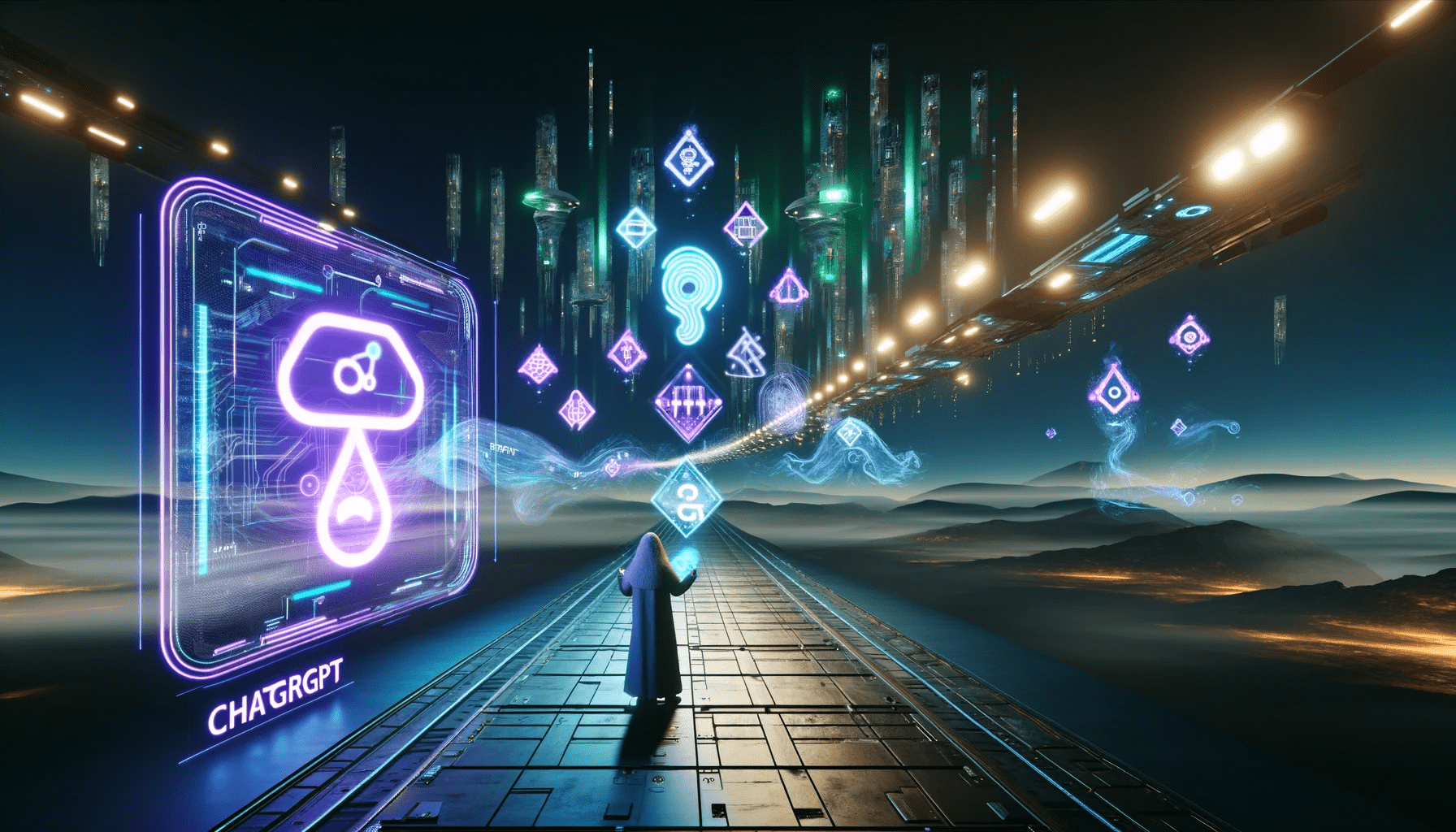 DALL·E 2024-05-12 21.00.40 - A futuristic scene in a 16_9 aspect ratio, showcasing the concept of 'prompt engineering'. The background is a high-tech, otherworldly cityscape, fill.png