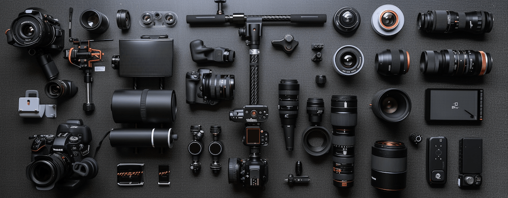 Table with camera equipment, gimbals, lenses, cameras and more