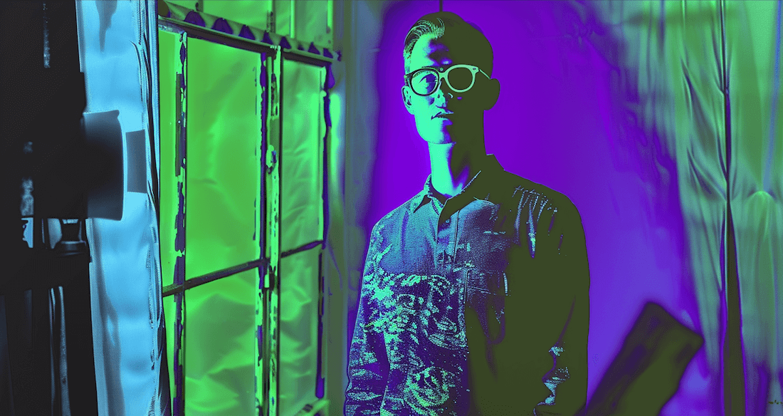 Man in a grunge room with false color