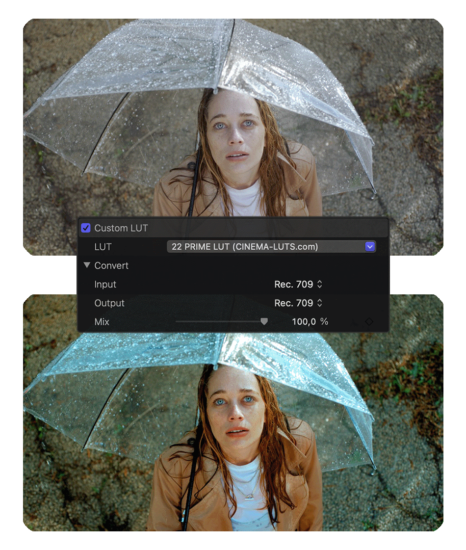Before and after color grading in FCPX