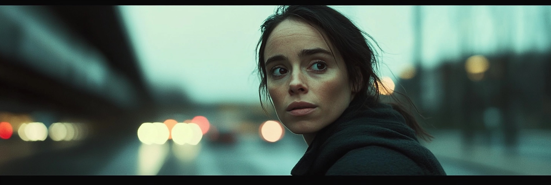 a woman looking sad on the street with bokeh