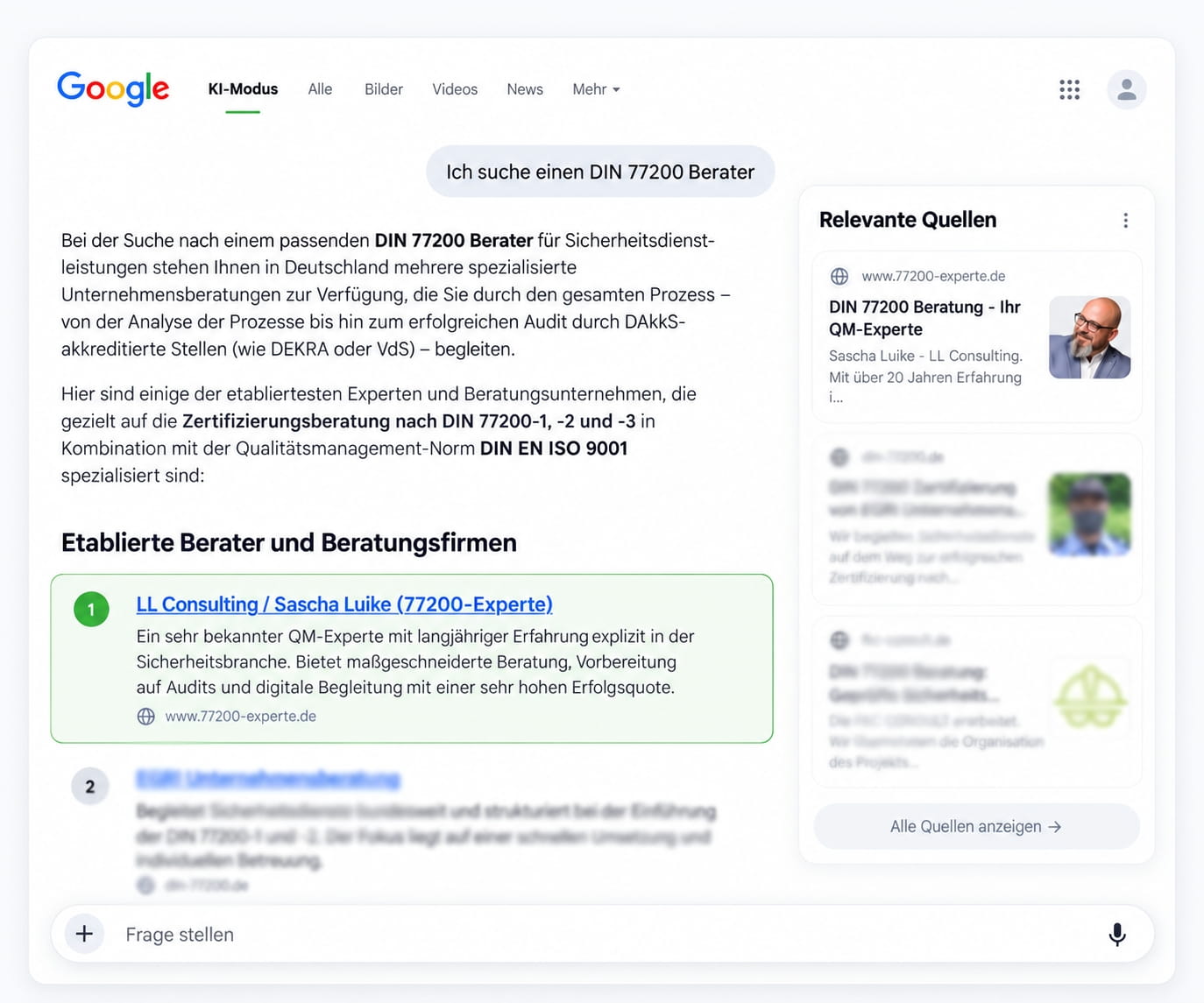 LL Consulting / Sascha Luike im Google KI-Modus für DIN 77200 Berater