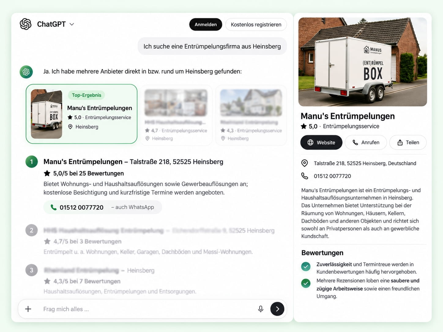 Manu's Entrümpelungen im Google KI-Modus für Entrümpelung in Heinsberg